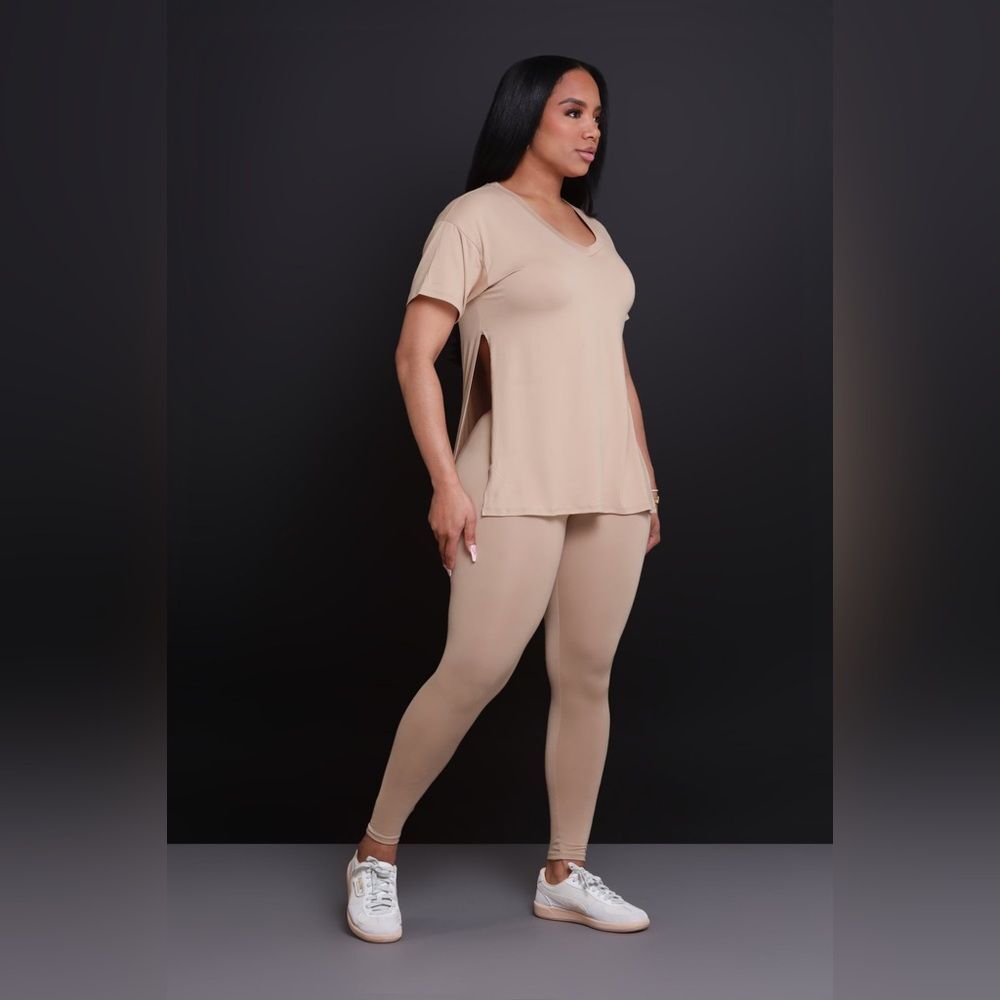 Swank Open Mind Side Slit Short Sleeve Legging Set Khaki NWT packaging S/M Nwt